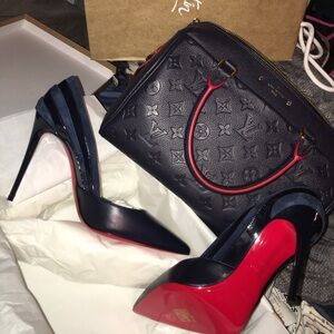 Christian Louboutin Navy and Red Patent Leather Pointed Pumps